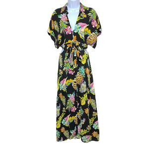 Le Superbe Mai Tai Tropical Dress Womens 10 Black Fruit Floral Cutout Slit Midi